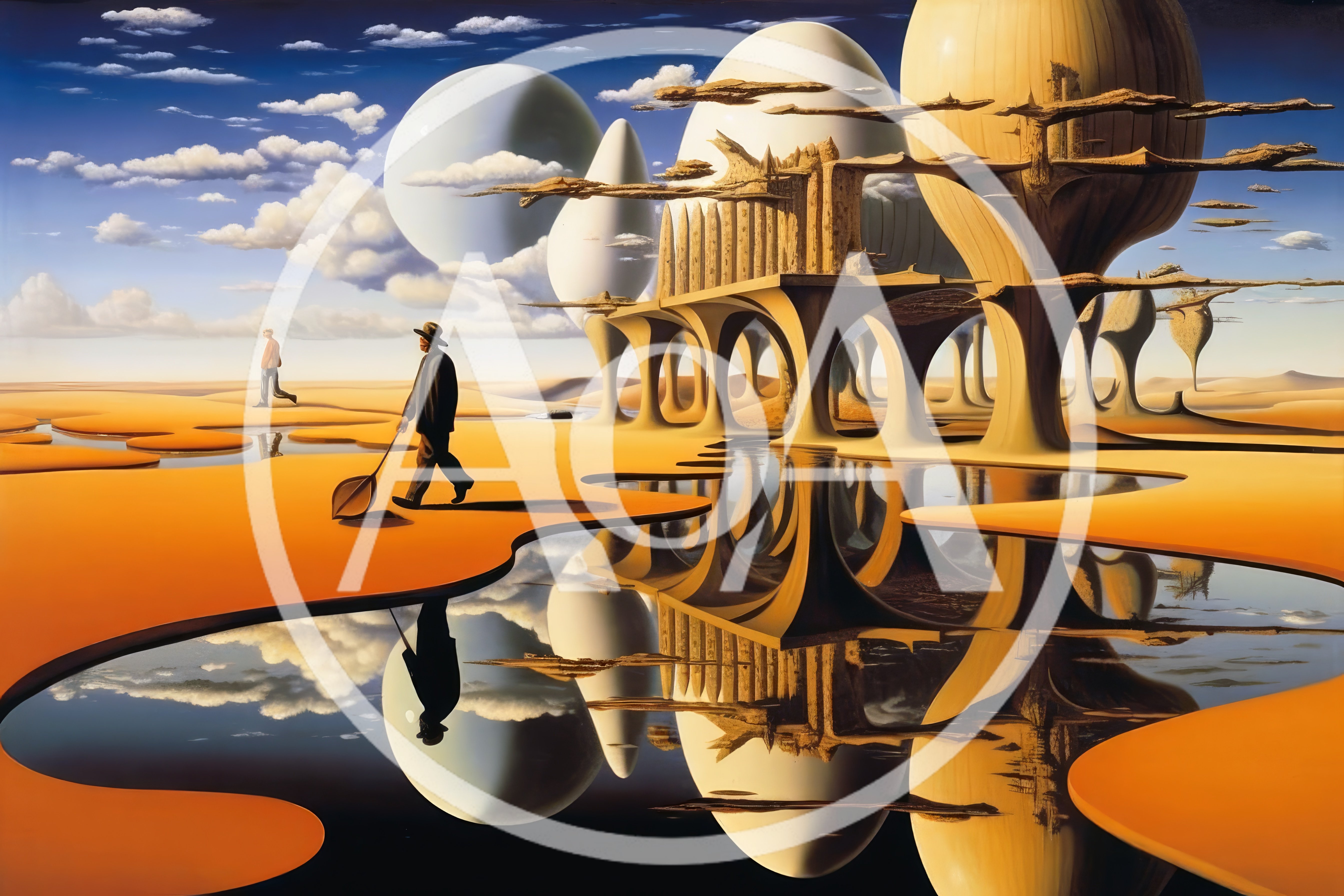 Surreal Desert Landscape With Figures And Abstract Architecture