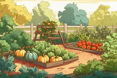 Vegetable Garden With Pumpkins And Fruit Trees