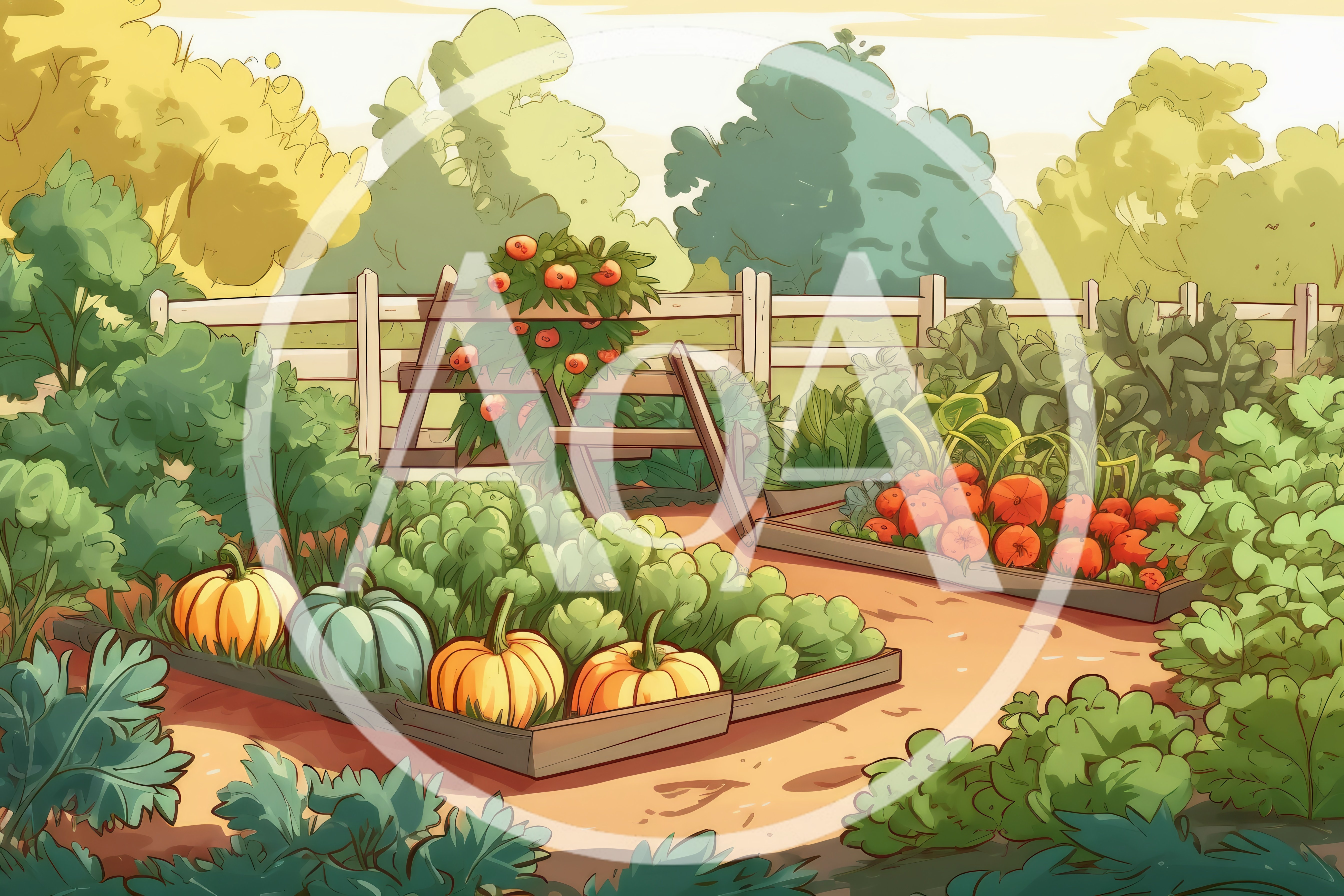 Vegetable Garden With Pumpkins And Fruit Trees