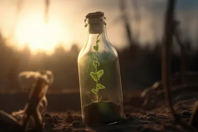 Small Green Plant Growing Inside A Glass Bottle
