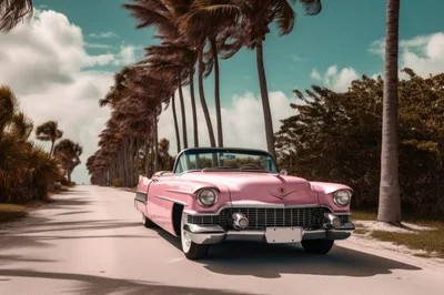 Vintage Pink Cadillac Convertible On Tropical Palm Tree Road