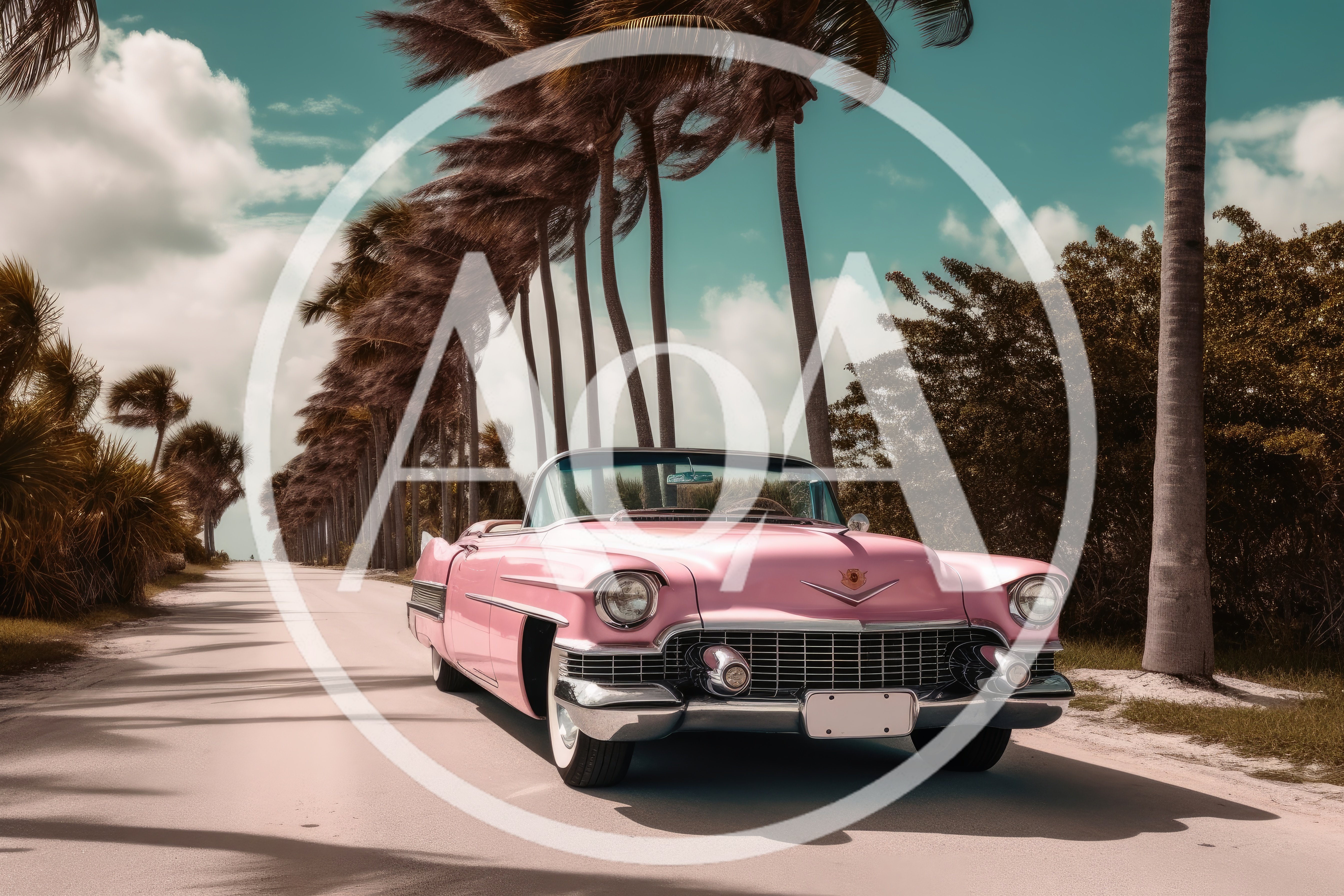 Vintage Pink Cadillac Convertible On Tropical Palm Tree Road