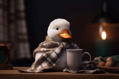 Cute White Duck Wearing A Plaid Scarf With A Mug