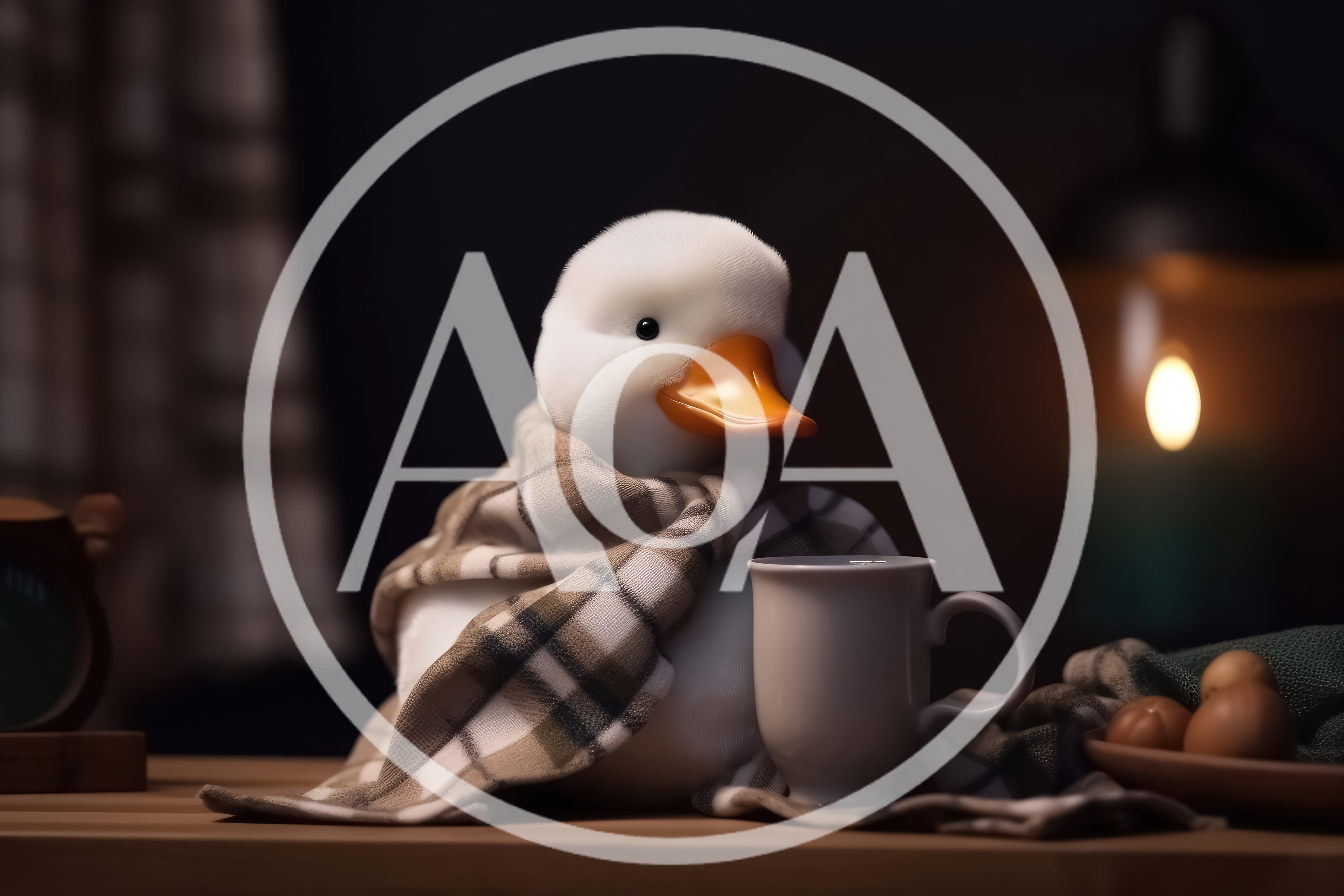 Cute White Duck Wearing A Plaid Scarf With A Mug
