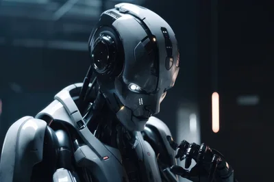 Futuristic Android Robot In A Dark Industrial Setting