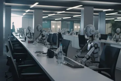 Futuristic Office Workspace With Humanoid Robots Working