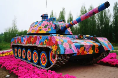 Floral Covered Military Tank Sculpture In A Garden