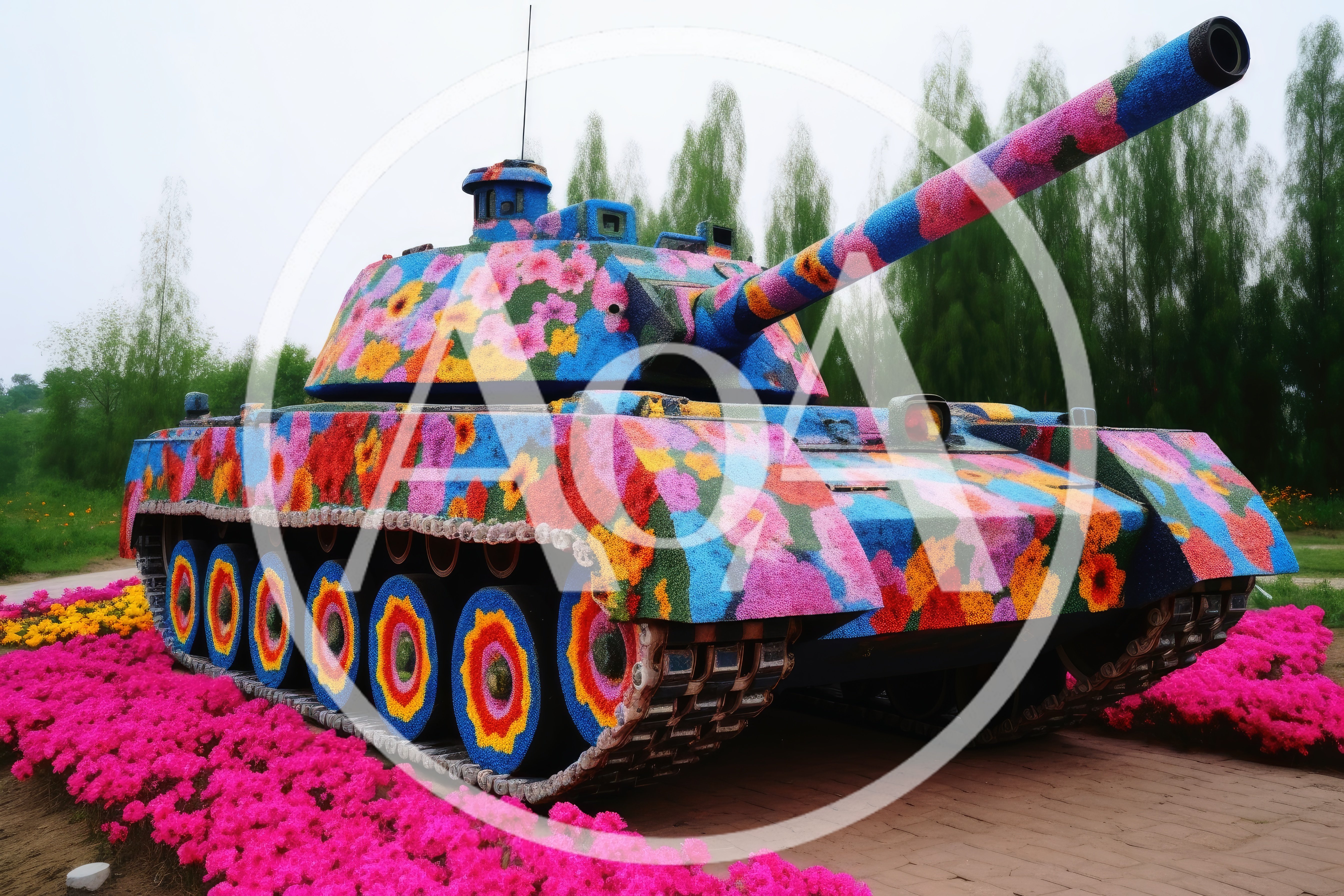 Floral Covered Military Tank Sculpture In A Garden