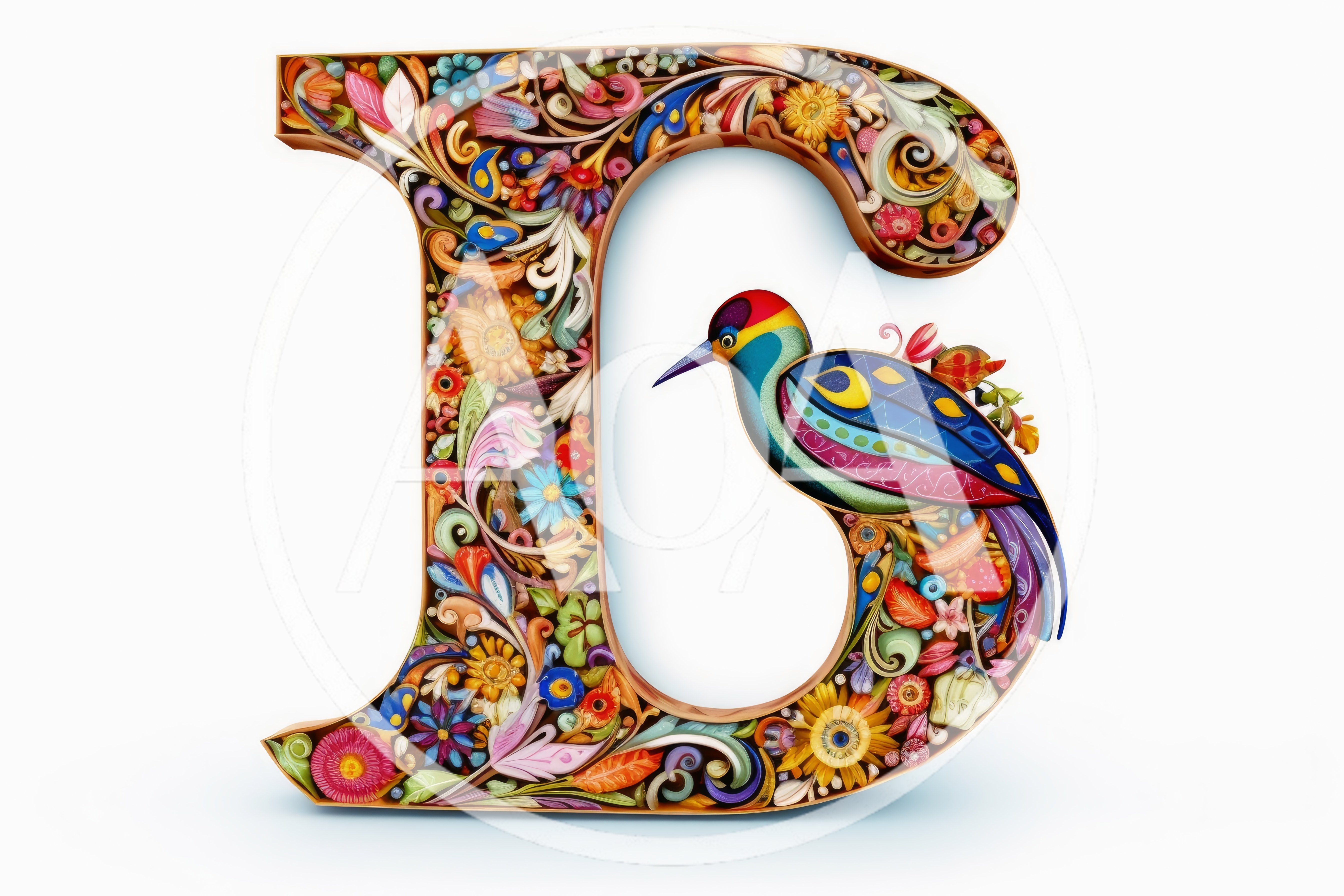 Ornate Floral Letter G With Colorful Bird Illustration