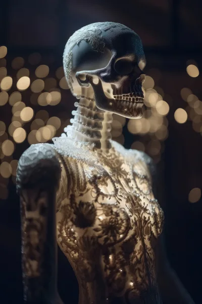 Intricate Lace Skeleton Sculpture With Bokeh Background
