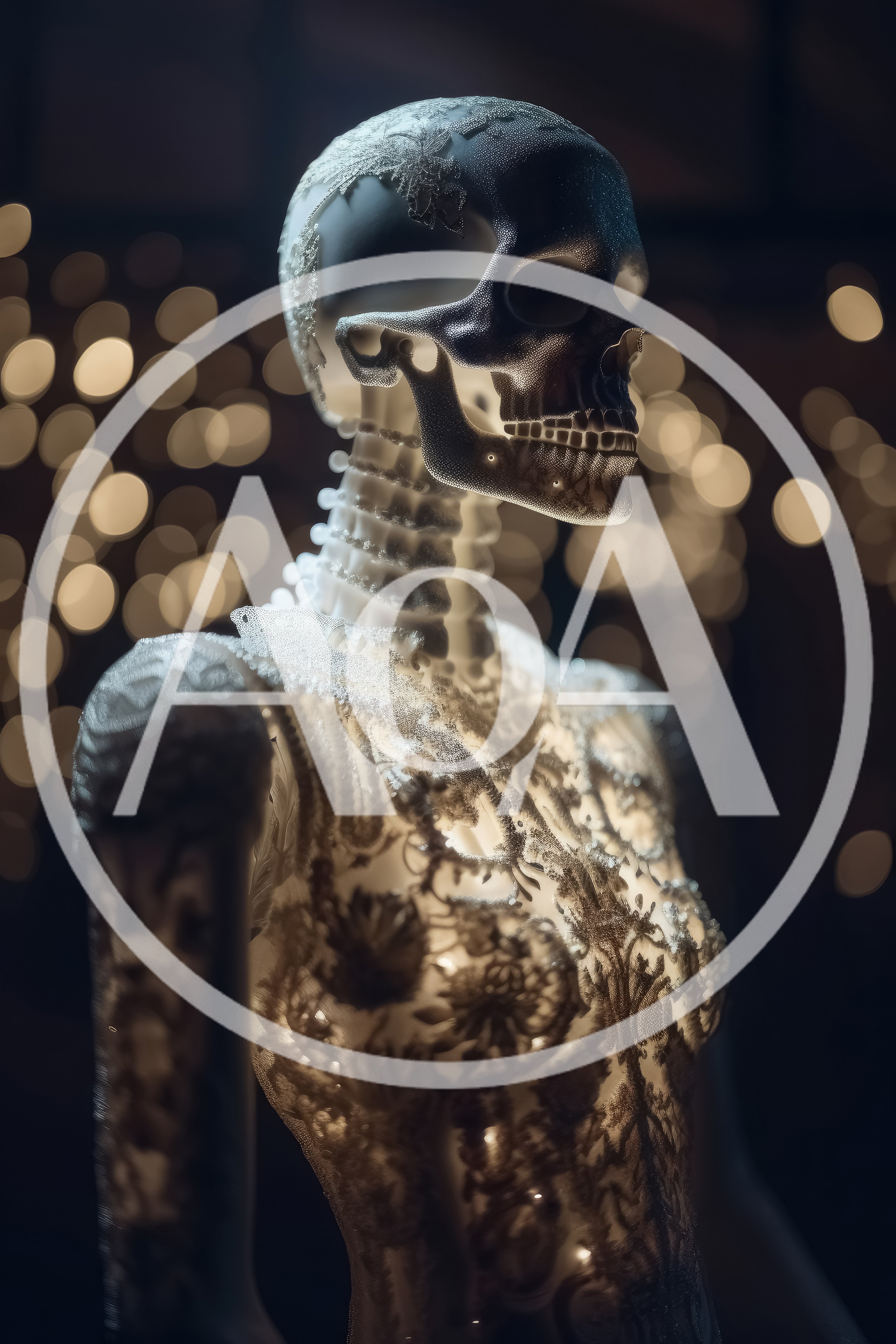 Intricate Lace Skeleton Sculpture With Bokeh Background