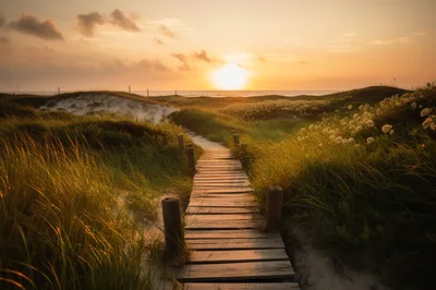Wooden Boardwalk Path Through Coastal Sand Dunes At Sunset