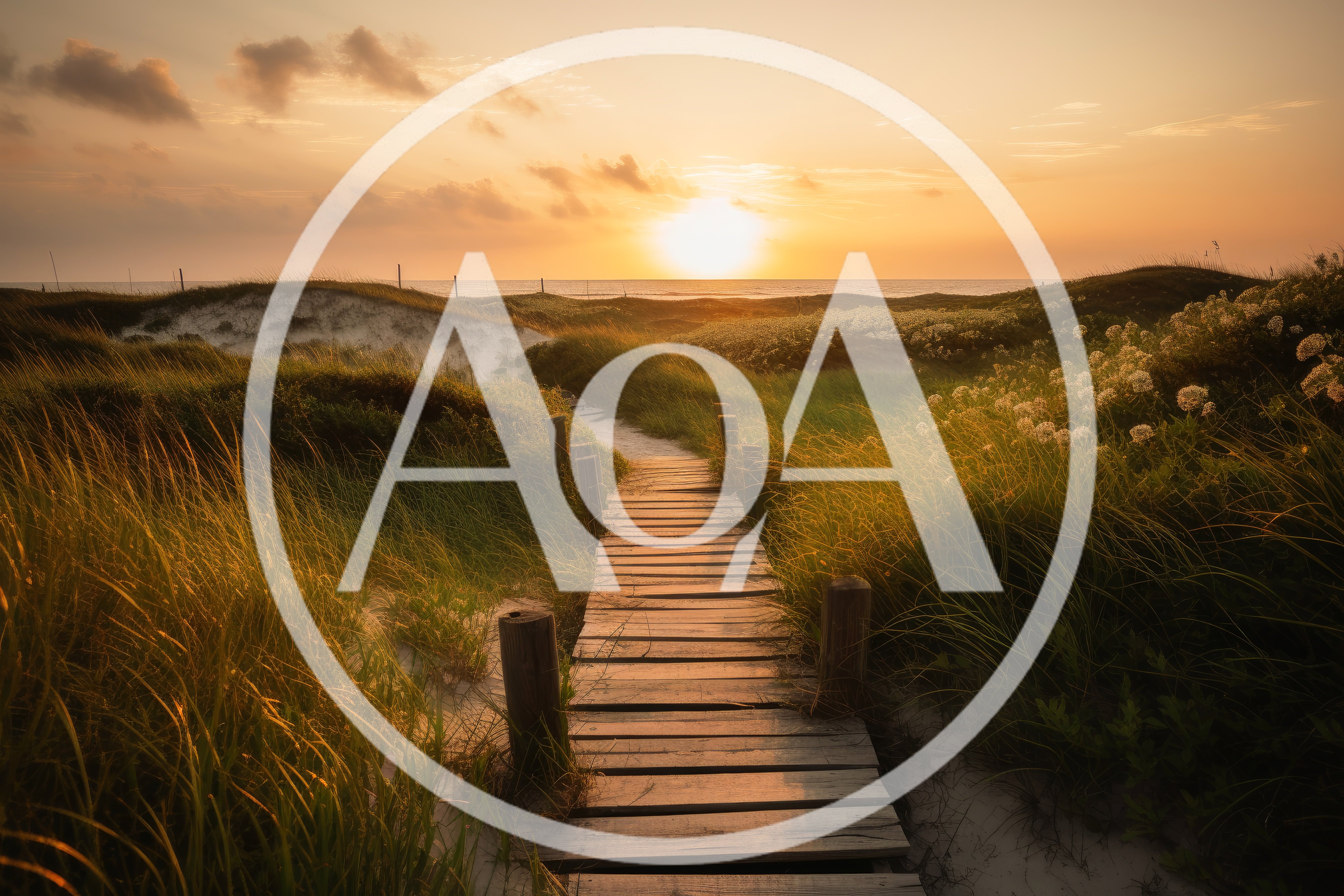 Wooden Boardwalk Path Through Coastal Sand Dunes At Sunset