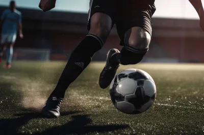 Soccer Player Dribbling Ball On Professional Field
