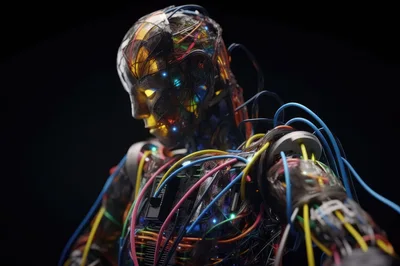 Futuristic Android Bust With Exposed Wiring And Glowing Lights