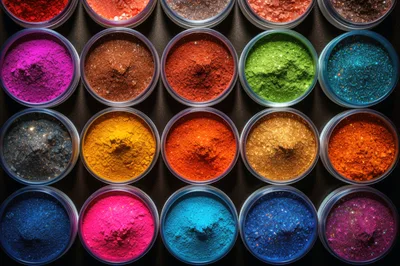 Top View Of Colorful Cosmetic Pigment Powder Jars