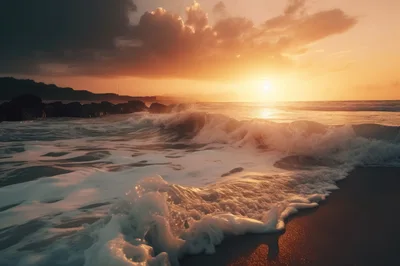 Ocean Waves Crashing On Sandy Beach At Sunset