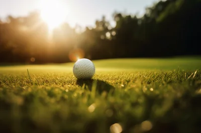 Golf Ball Resting on Green Grass at Sunset