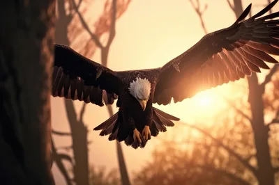 Bald Eagle Flying Through Forest At Sunset