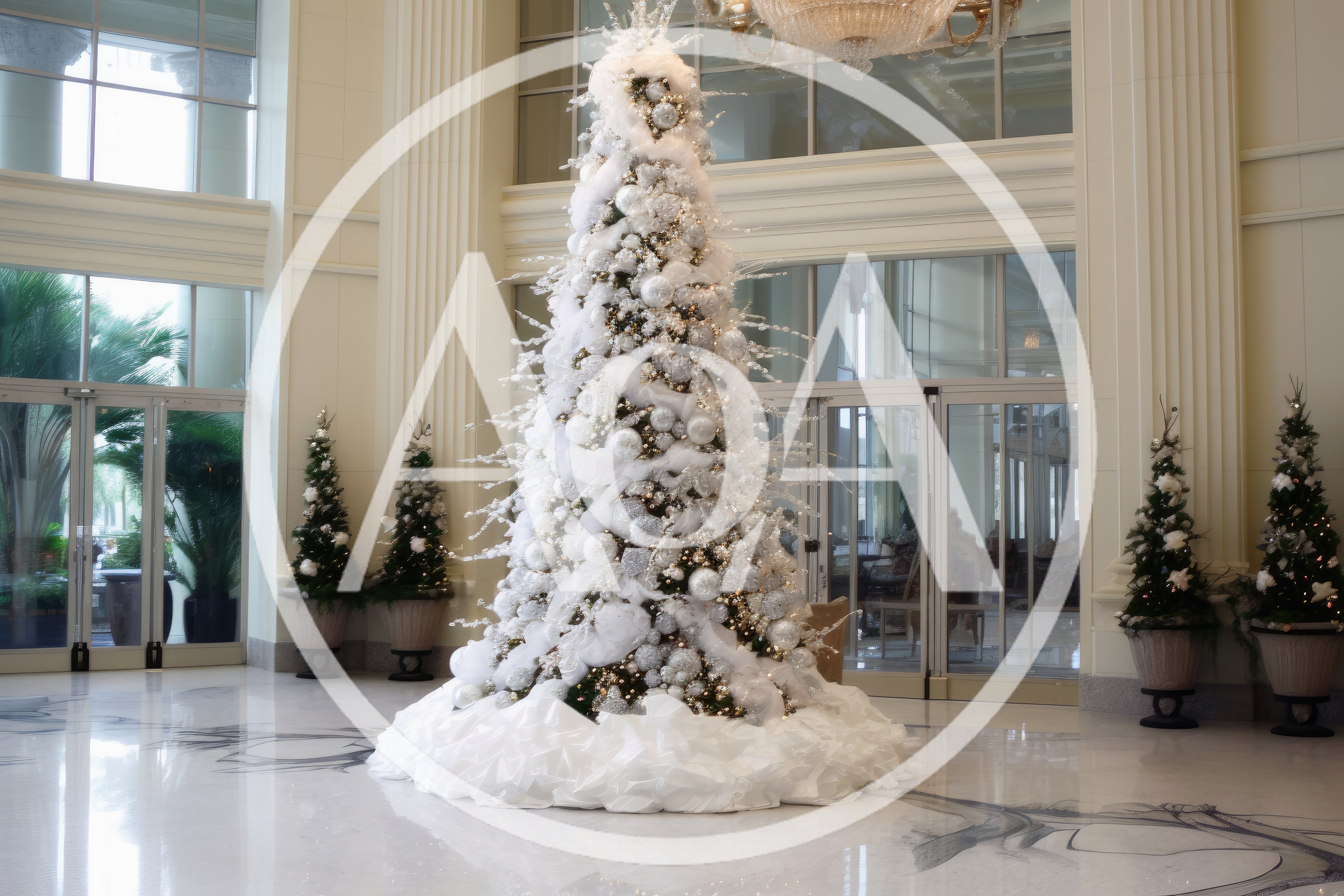 Grand White Christmas Tree In Hotel Lobby