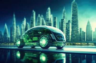 Futuristic Autonomous Electric Car Driving Through Cyberpunk City