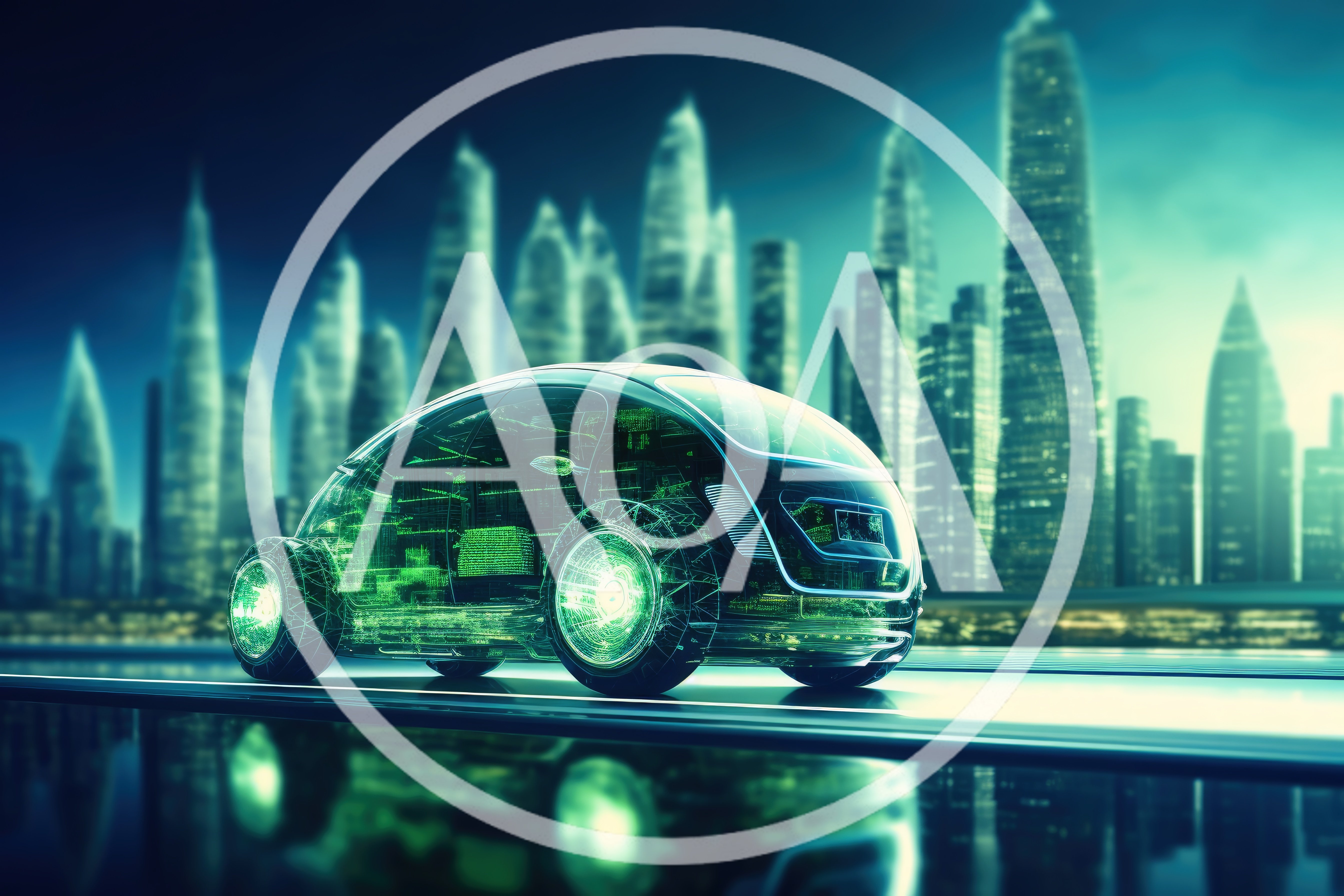 Futuristic Autonomous Electric Car Driving Through Cyberpunk City