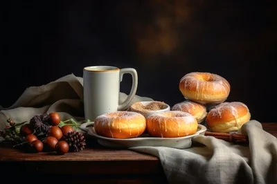Still Life Composition With Glazed Donuts And Coffee
