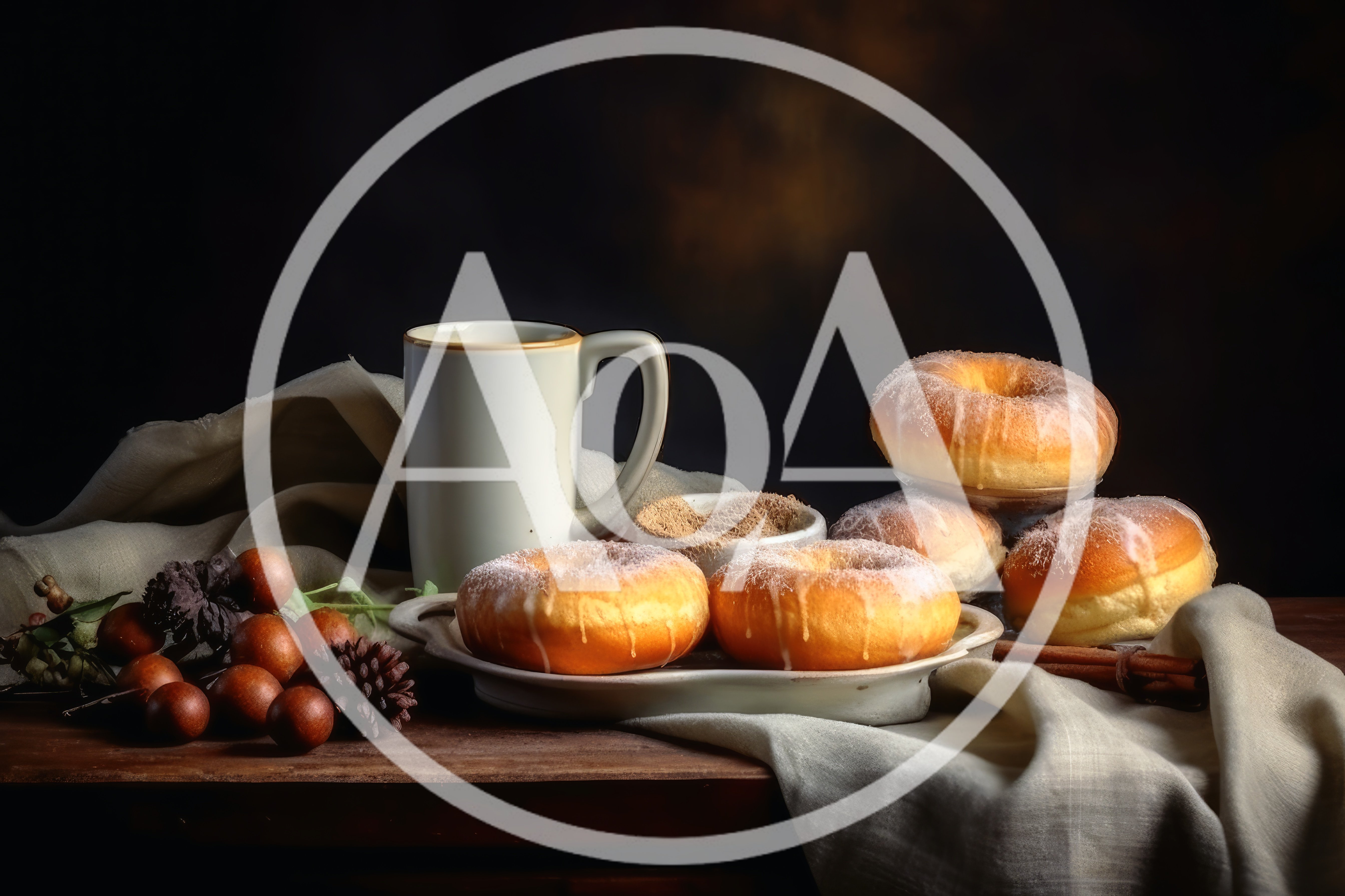 Still Life Composition With Glazed Donuts And Coffee