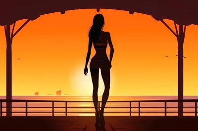 Silhouette Of A Woman Standing On A Pier At Sunset