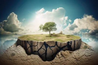 Floating Island With A Single Tree Above Cracked Earth