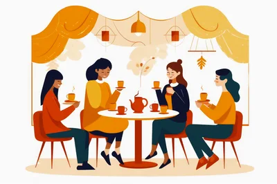 Four Women Enjoying Tea Together In A Cozy Cafe
