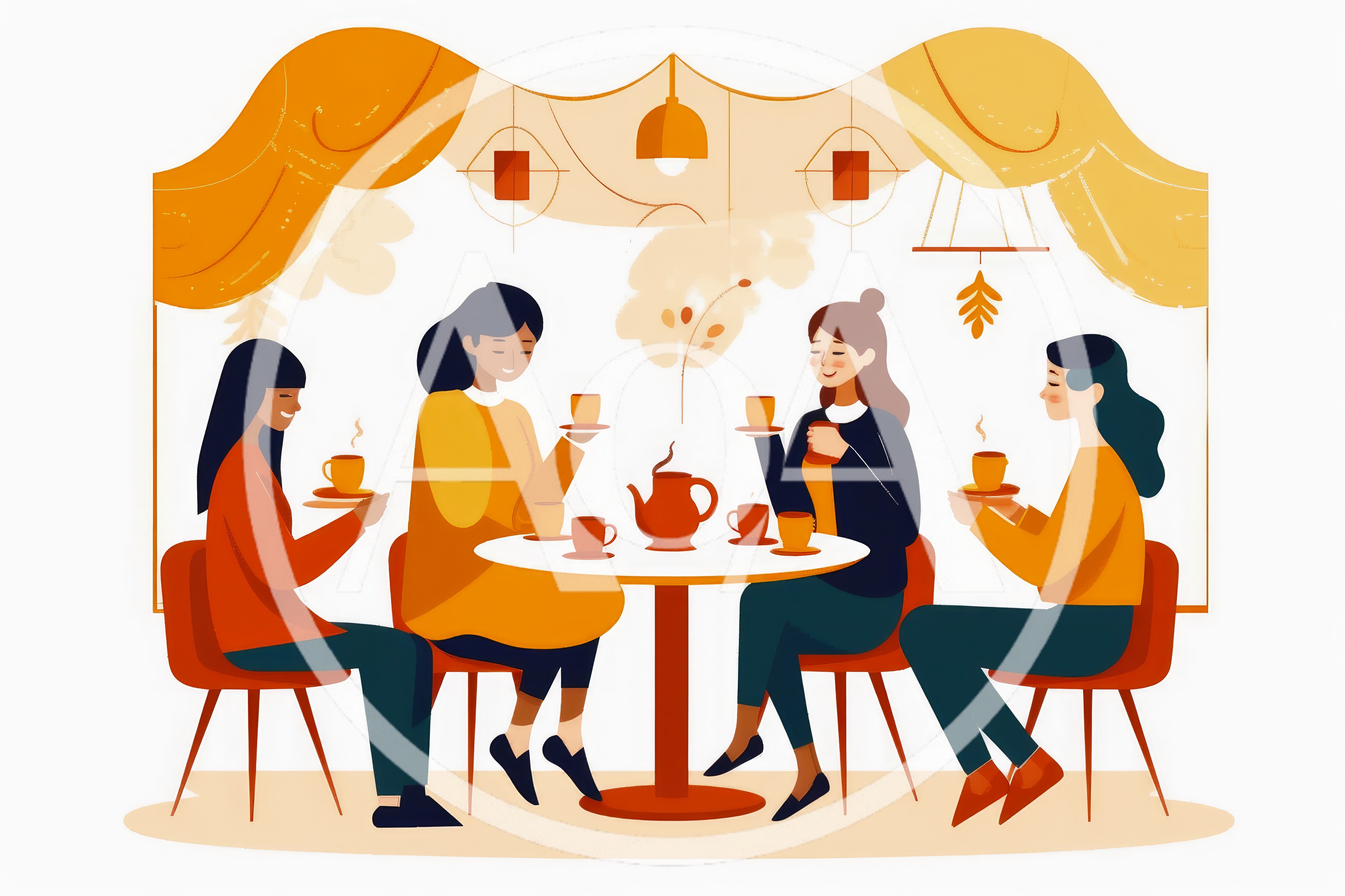 Four Women Enjoying Tea Together In A Cozy Cafe