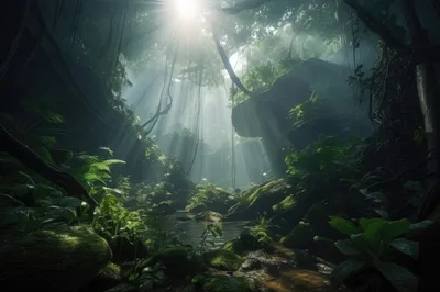 Sunlight Streaming Through Dense Tropical Jungle Canopy