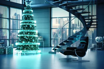 Modern Living Room With Glowing Christmas Tree