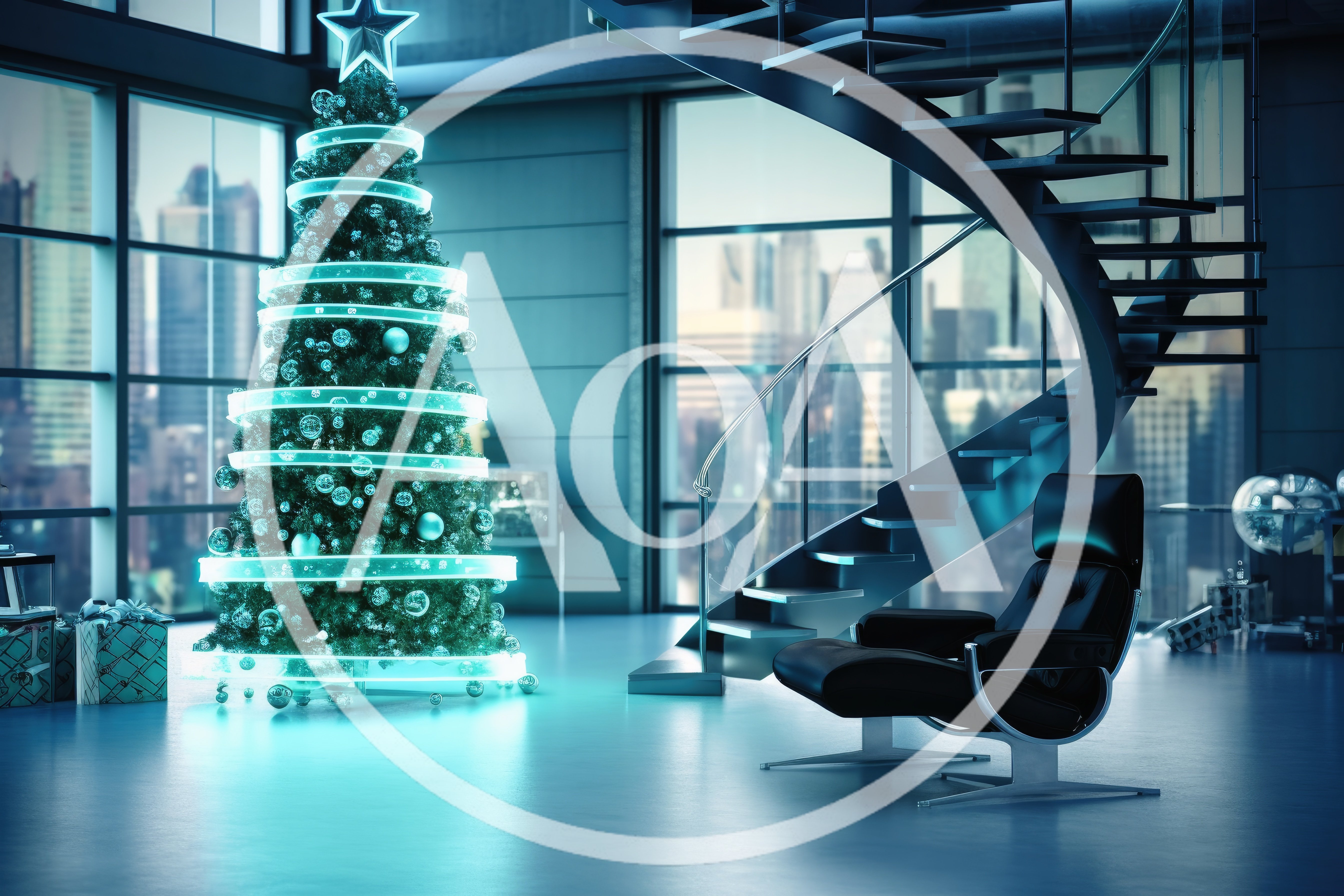 Modern Living Room With Glowing Christmas Tree