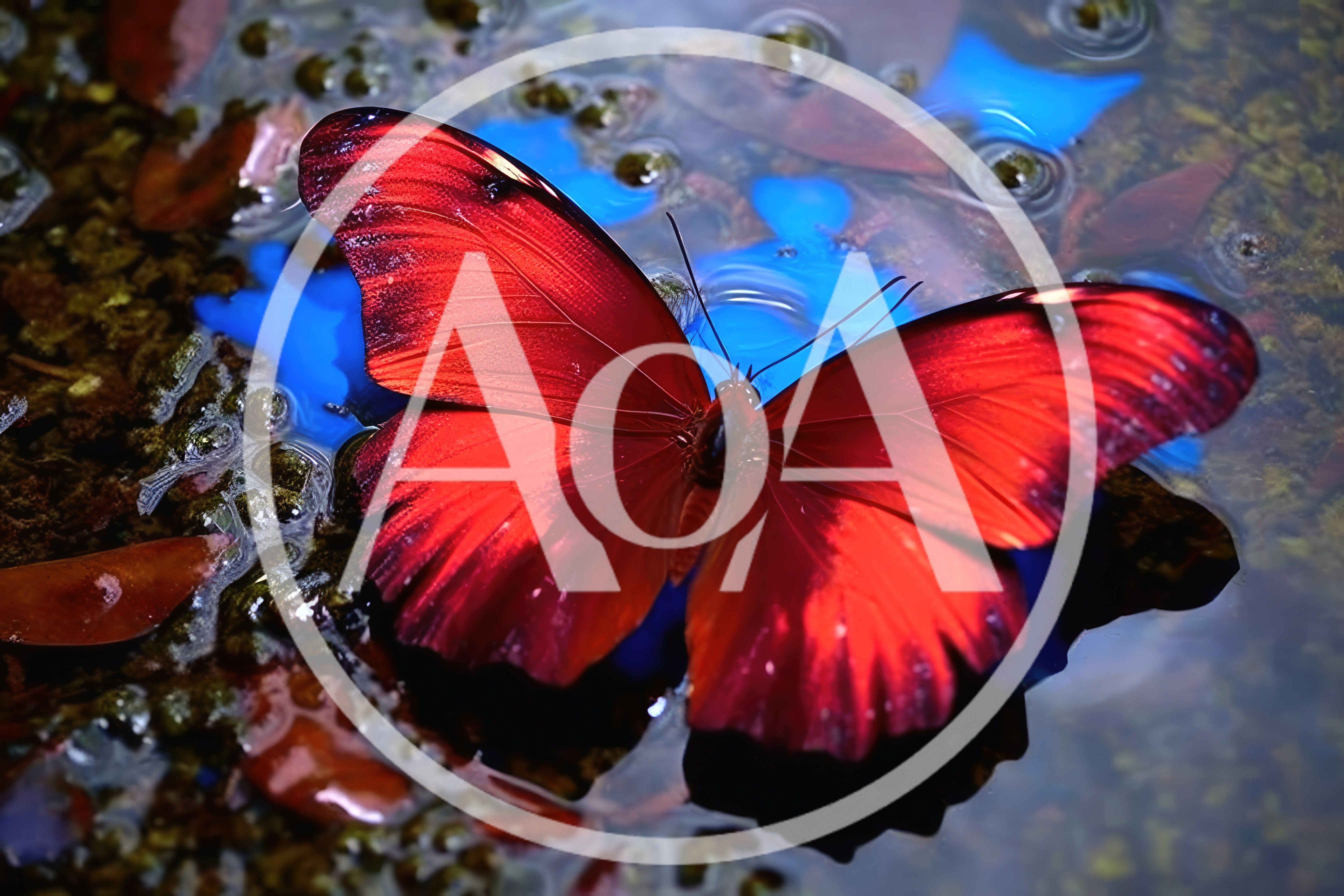 Vibrant Red Butterfly Resting On Reflective Blue Water