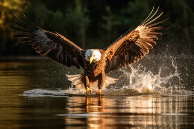 Bald Eagle Hunting Fish In Golden Hour Light