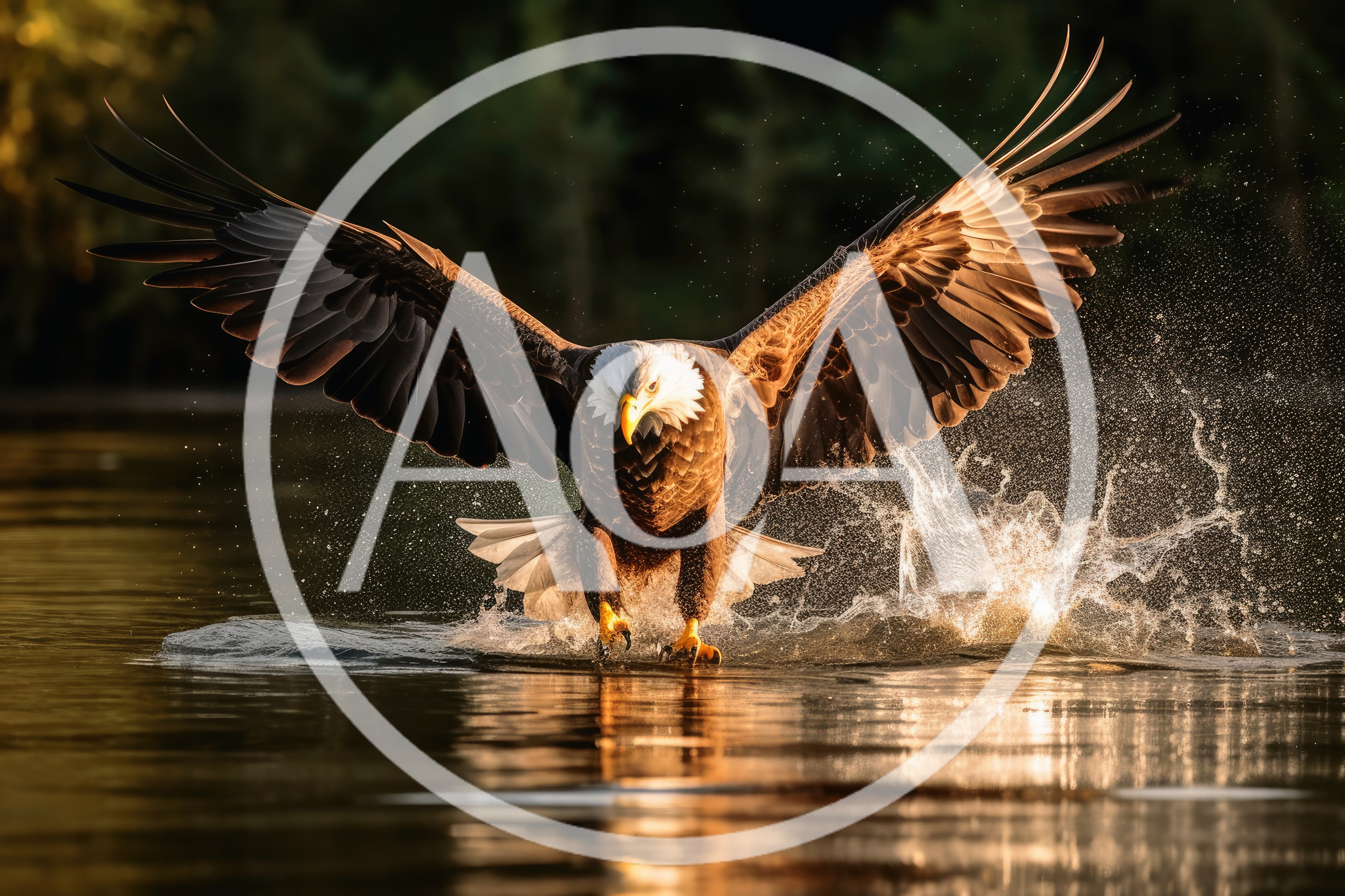 Bald Eagle Hunting Fish In Golden Hour Light