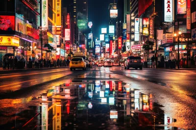 Rainy Night Street Scene in Times Square New York