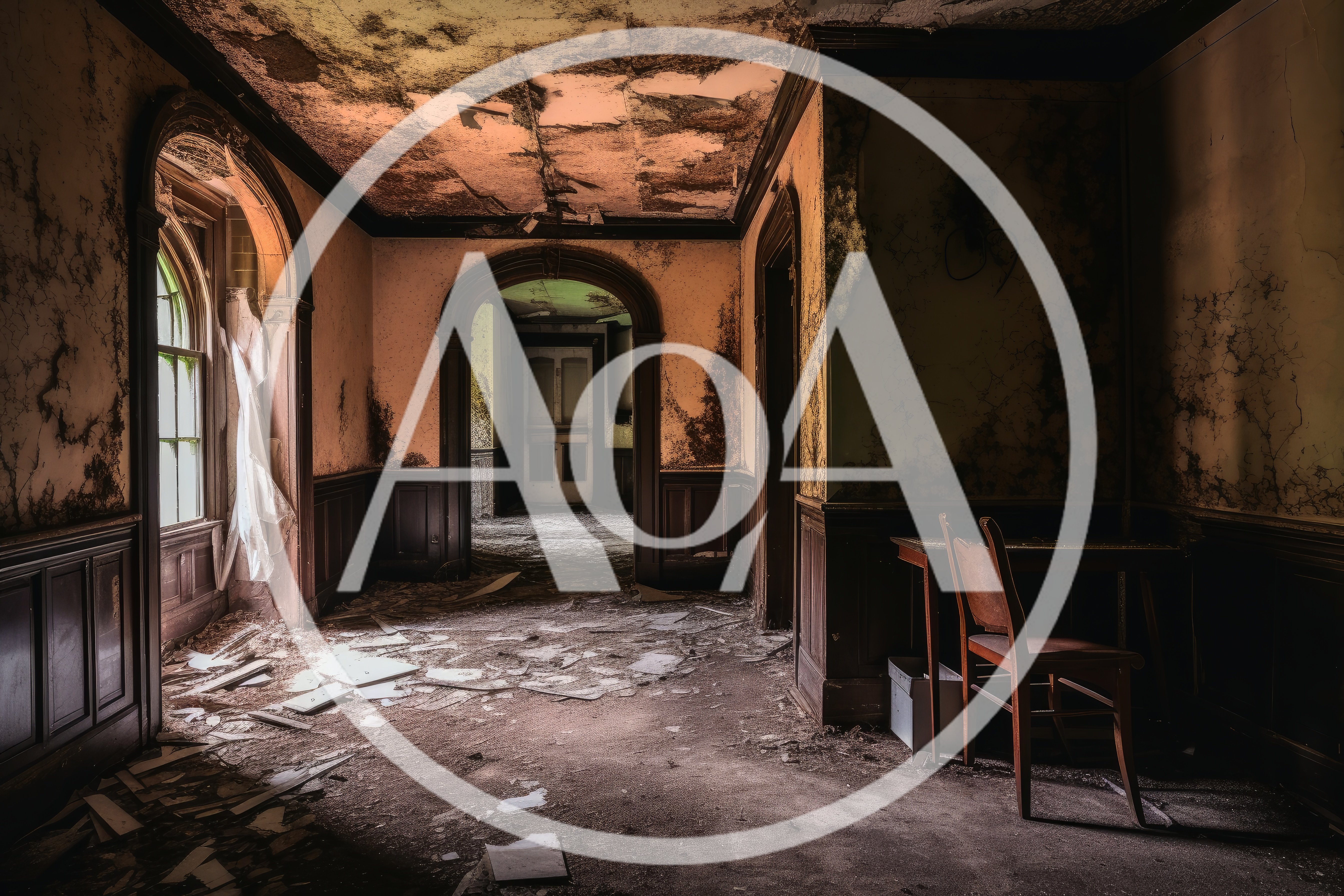 Abandoned Dilapidated Room With Decaying Walls And Furniture