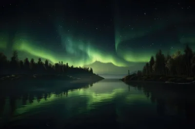 Aurora Borealis Over A Calm Forest Lake