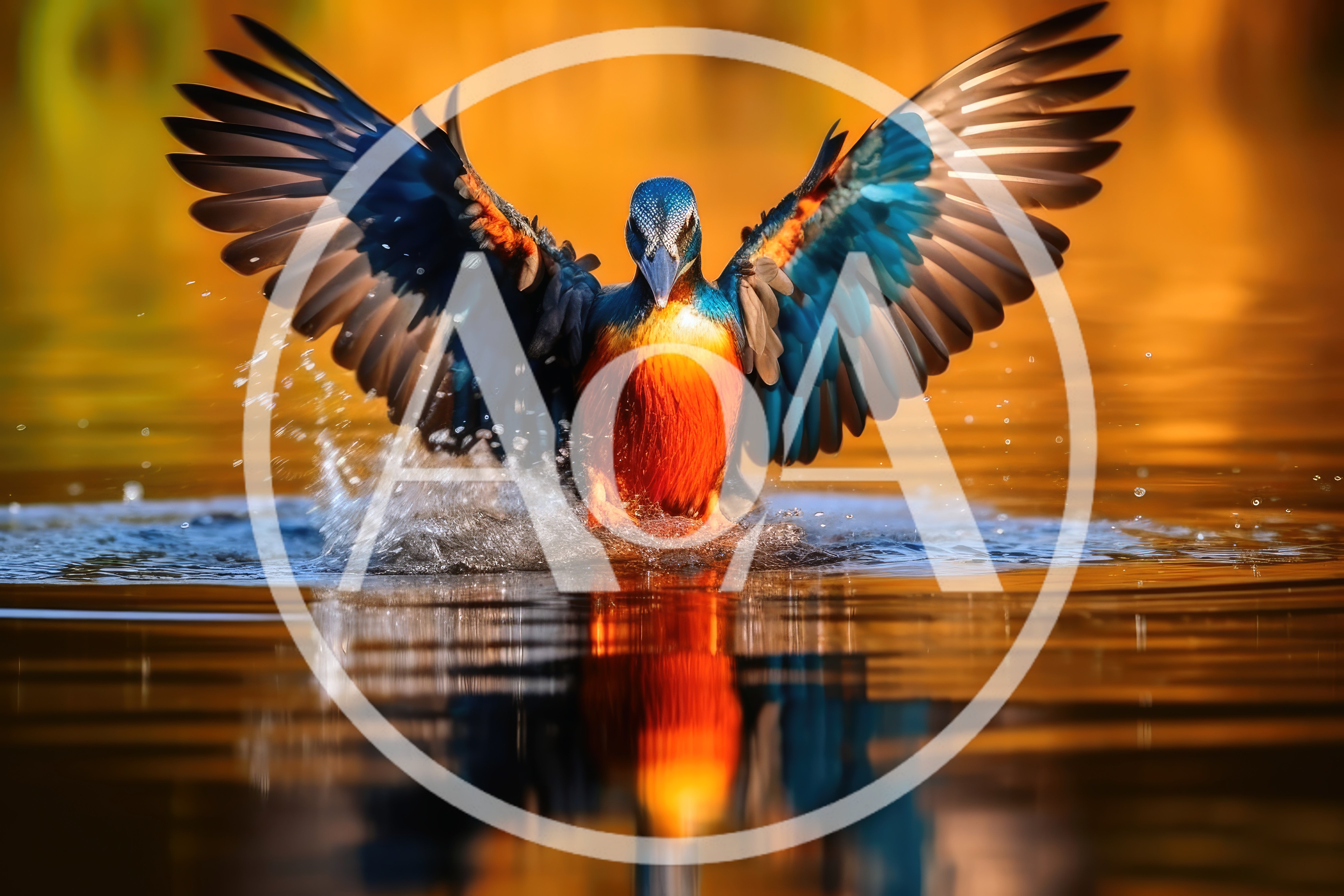 Common Kingfisher Diving Into Water With Wings Spread