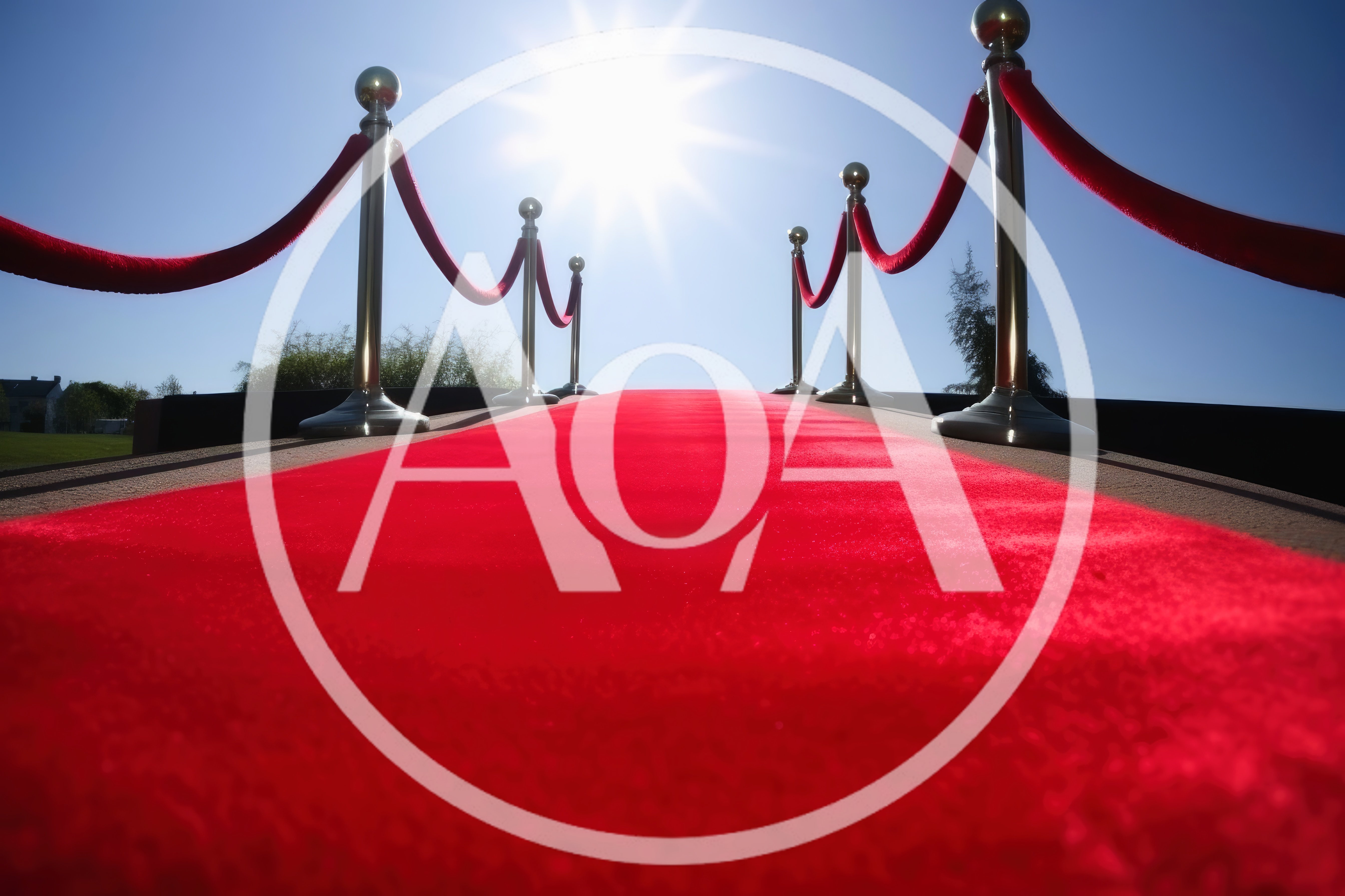 Red Carpet Entrance With Stanchions Under Bright Sun