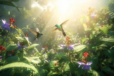 Two Hummingbirds Hovering Over Vibrant Tropical Flowers