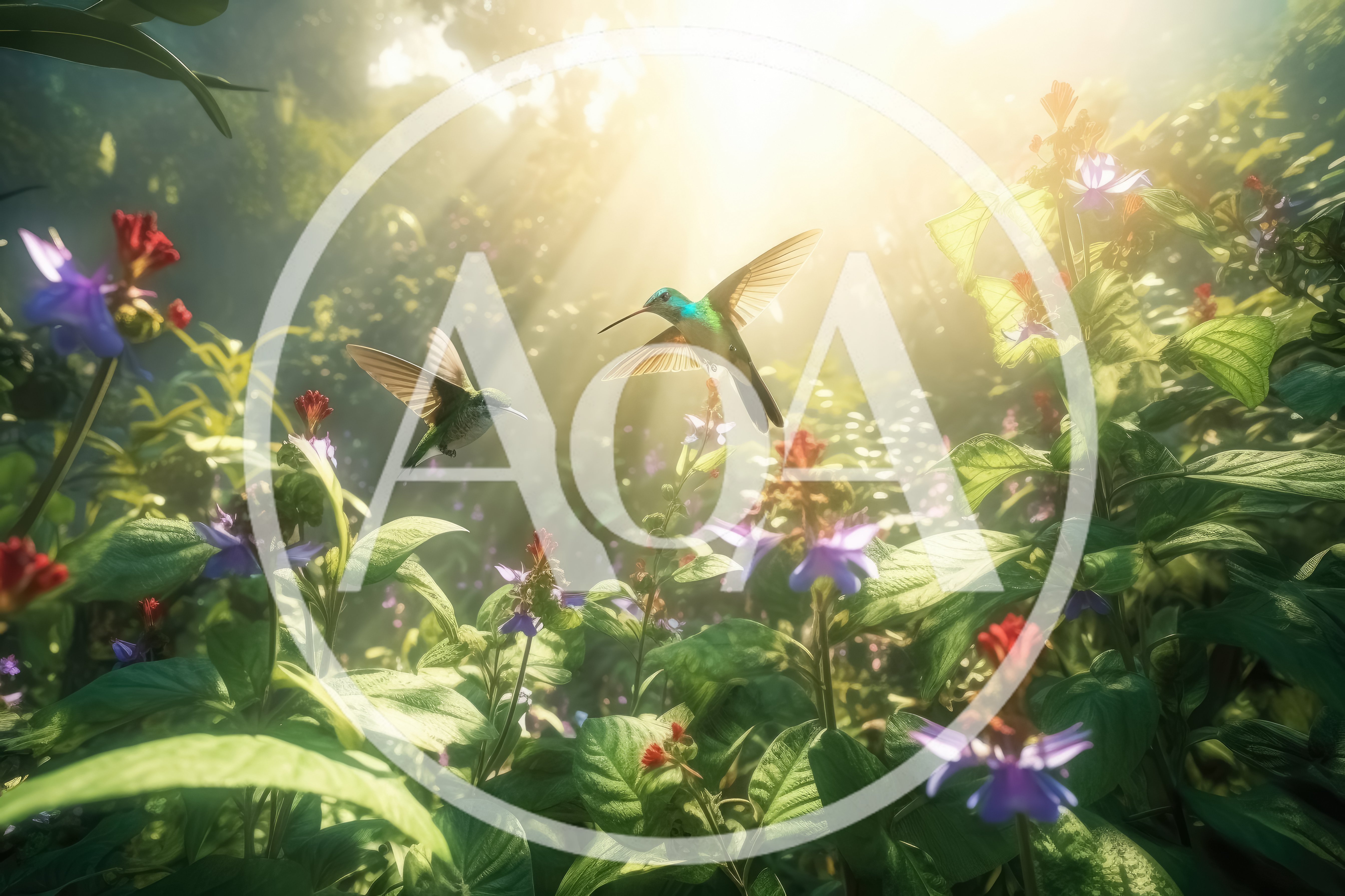 Two Hummingbirds Hovering Over Vibrant Tropical Flowers
