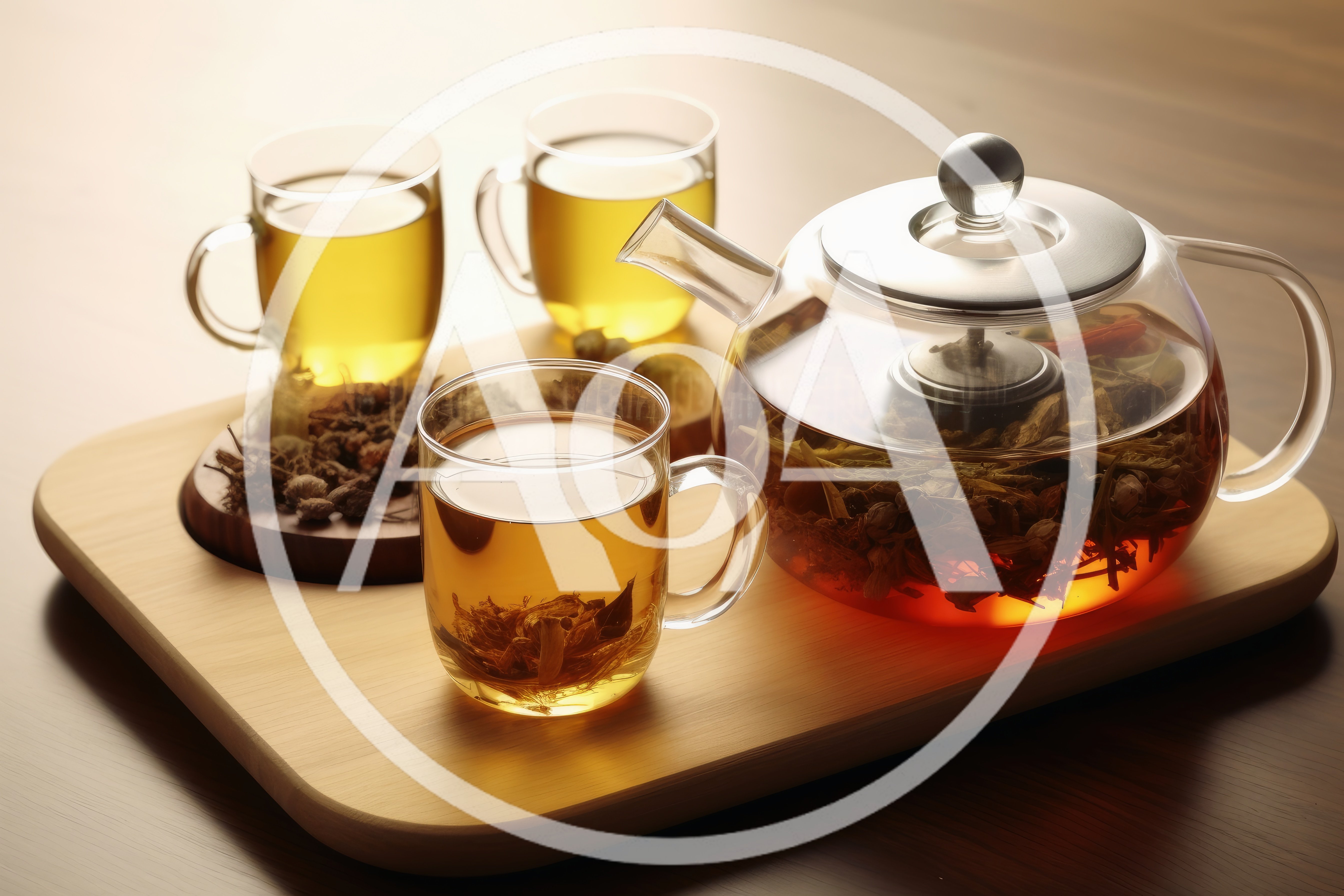 Glass Teapot And Cups With Herbal Tea On Tray