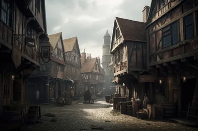 Medieval Town Street With Timber Framed Buildings