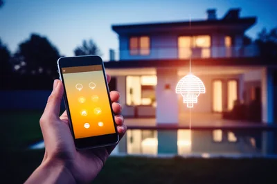 Hand Holding Smartphone Controlling Smart Home Lighting