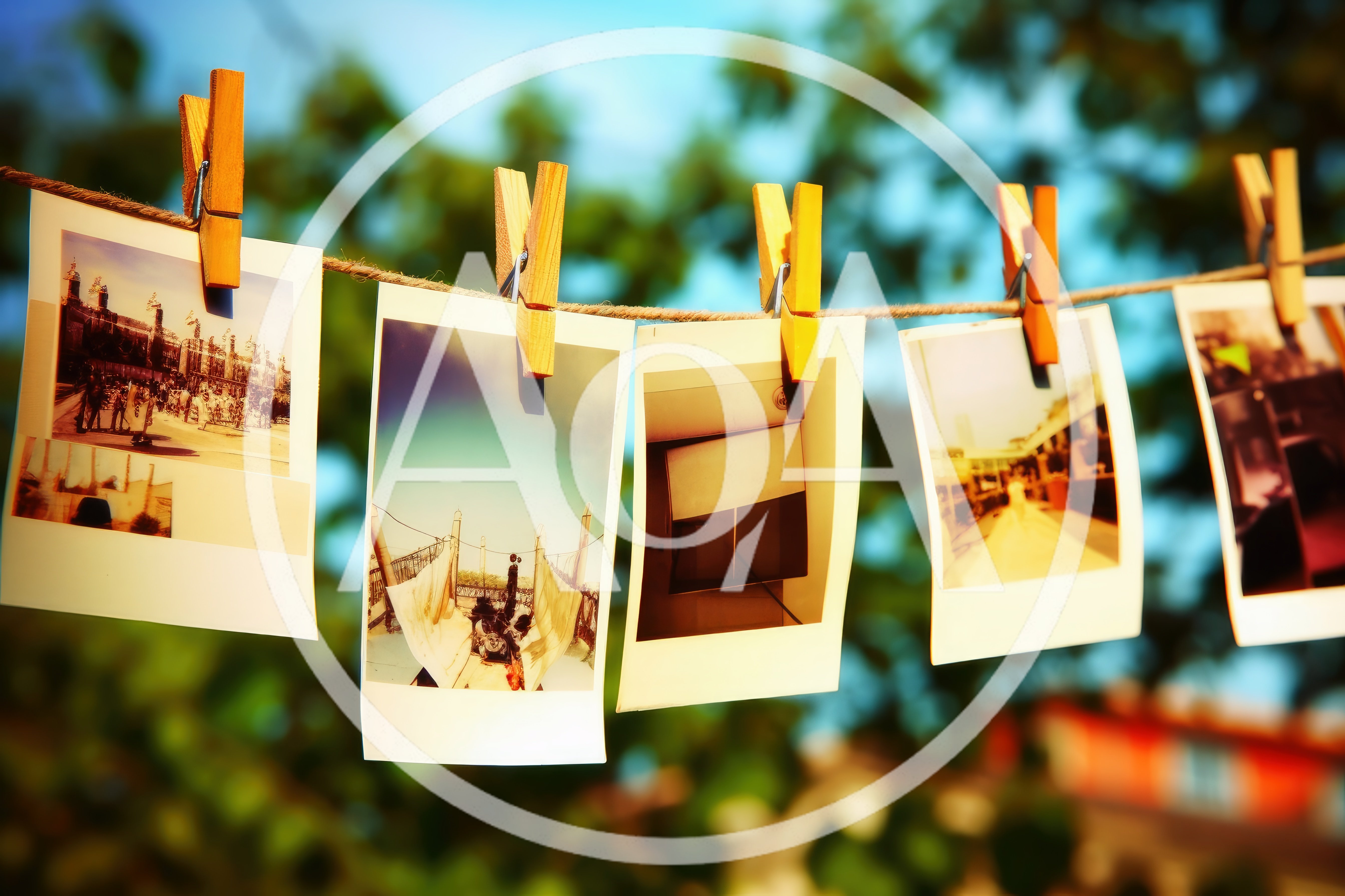 Polaroid Photos Hanging on a Clothesline Outdoors