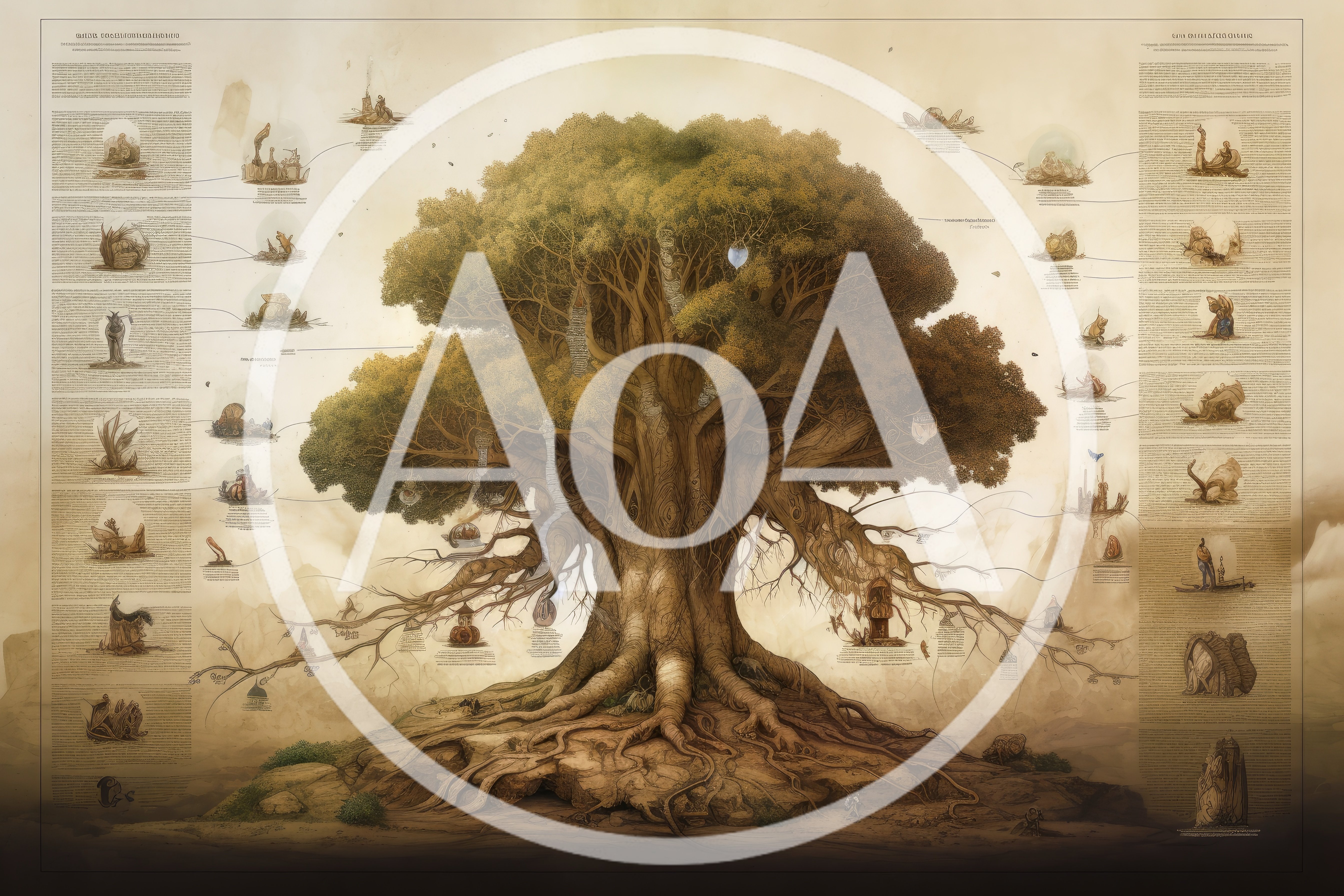 Ancient Tree Of Life With Mythological Illustrations